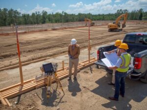 Construction survey crew reviewing staking plans during site prep with survey equipment, grading stakes, and earthmoving equipment on site.