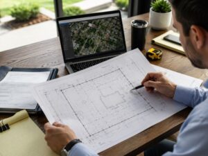 Property buyer reviewing a closing survey and boundary map before signing real estate closing documents to verify easements, property lines, and survey details.