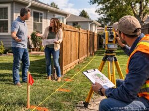 Land surveyor documenting a fence built in the wrong place while homeowners review property boundary measurements.
