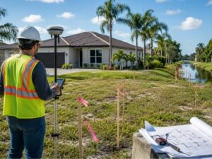 Surveyor in a safety vest and hard hat uses a surveying instrument to map property lines in a new-home yard.