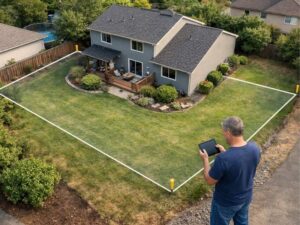 Aerial view of a home with boundary lines and corner markers illustrating the results of a property boundary survey.