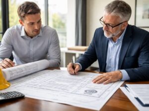 Licensed land surveyor reviewing survey plans and project documents with a client during a consultation meeting.