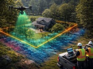 LiDAR mapping drone collecting elevation data above a residential property while surveyors monitor the terrain model.