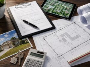 Mortgage survey documents, property plans, house keys, and closing paperwork prepared to verify property details before final mortgage loan approval.