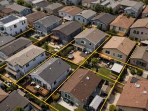 Aerial view of residential properties with lot boundaries highlighted, illustrating conditions documented by a residential land survey.