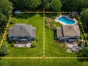 Aerial view of a backyard pool installed near the property line with boundary lines highlighted between neighboring lots.
