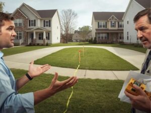 Two neighboring property owners discussing a property line while survey stakes mark the boundary between residential lots.