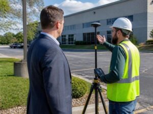 Land surveyor meeting with a commercial property buyer while performing an ALTA title survey before a real estate purchase.