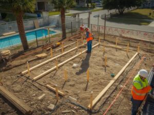 Construction staking survey for a small residential project in Pembroke Pines with surveyors marking building corners, setbacks, and the structure layout before construction begins.
