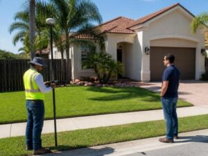 Land surveyor performing a loan closing survey at a residential property in Pembroke Pines, FL before a home purchase.