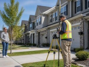 Land surveyor conducting a mortgage survey in a townhome community in Pembroke Pines, FL before a residential property purchase.