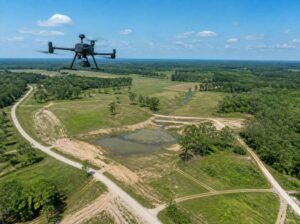 Survey drone mapping a large property with access roads, a pond, and cleared land near Pembroke Pines, Florida.