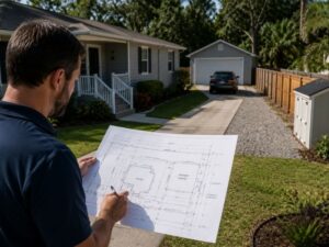 Man reviews a large house blueprint in a suburban driveway with a two-car garage and shed in the background.