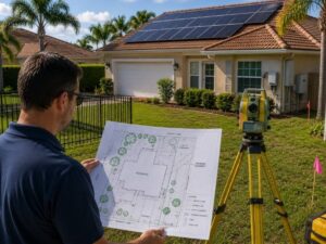 Surveyor reviews a site plan in a suburban yard with a solar-panel-equipped house in the background. -Note: blueprint shows a residence with landscaping and fencing.-
