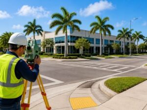Survey companies surveying a corner property with two street frontages in Pembroke Pines, FL, documenting property boundaries, sidewalks, and roadway features.