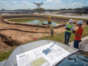 Topo survey for stormwater planning in Pembroke Pines with surveyors mapping elevation data near a retention pond and drainage site.