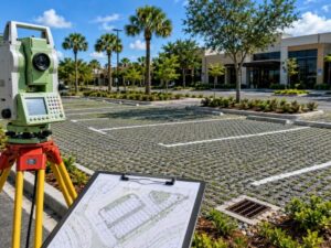 Topographic survey of a permeable parking area in Pembroke Pines, FL, using a total station to collect elevation data for drainage and site design.