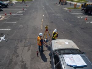 Topographic survey before parking lot repaving with surveyors checking pavement elevations, drainage, and grading conditions.