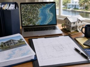 Organized office desk with elevation maps, property documents, and a model home beside a laptop displaying flood zone mapping, representing the process of updating elevation certificate records for property management and insurance purposes.