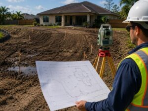 Surveyor in a reflective safety vest and hard hat holds a site blueprint while checking measurements on a dirt construction lot with a leveling instrument nearby, a house under construction in the background.