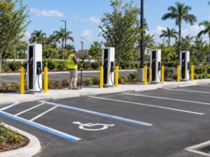 Surveyor documenting completed electric vehicle charging stations, accessible parking, drainage, and utility features in Pembroke Pines, Florida.