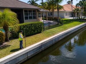 Land surveyor locating property lines beside a canal-side seawall in Pembroke Pines, Florida.